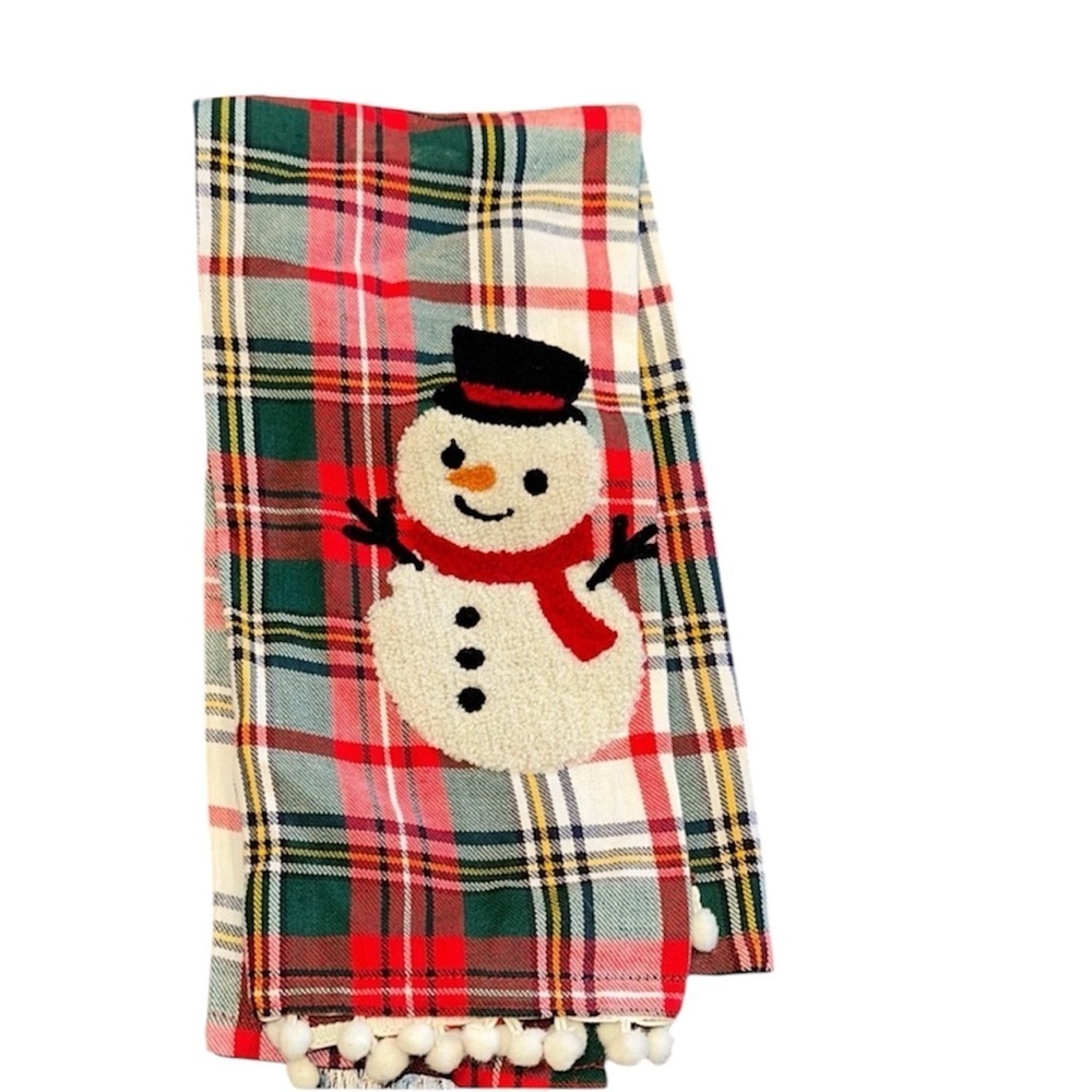 Cynthia Rowley Red and Green Plaid Christmas towel with snowman embroidered